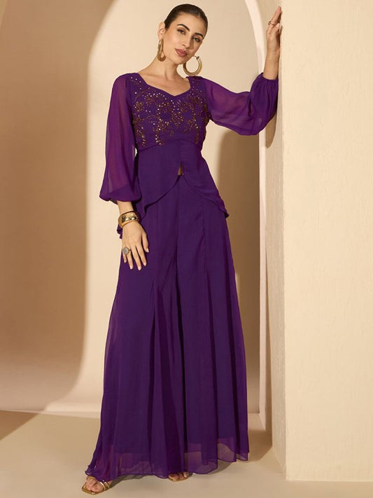 Purple Embellished V-Neck Top & Palazzo